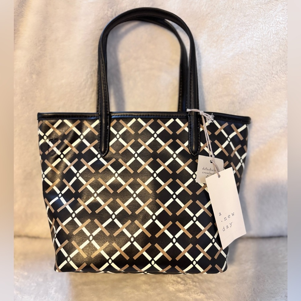 a new day Black mini Tote crossbody with Tan and White Lattice Pattern